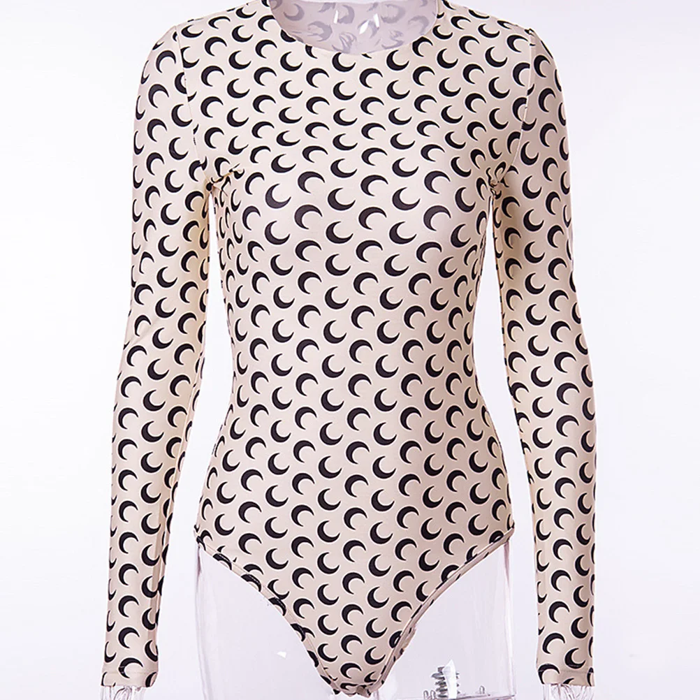 Long Sleeve Bodysuits Women Round Collar Crescent Print Slim Jumpsuits Pastel Goth Fashion | Женская одежда