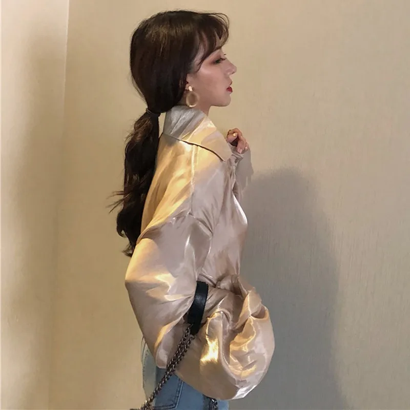 VGH Autumn Women's Shirts Blouse Tops Female Lapel Puff Sleeve Single Breasted Gold Blouses Women 2018 Fashion Korean New |