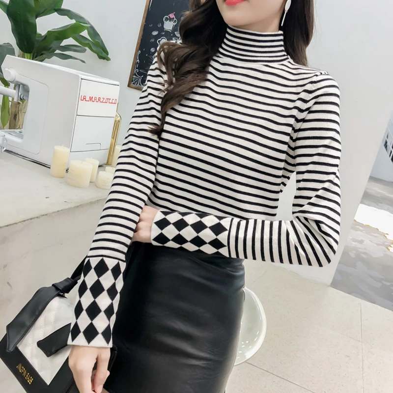 La MaxZa 2018 Autumn Winter New Fashion Black And White Striped Knitted Sweater Bottoming Half High Collar Woman 8177 | Женская одежда
