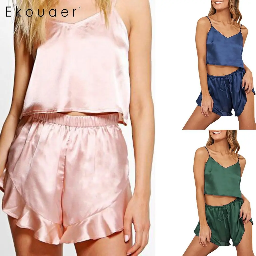 Ekouaer летние шорты пижамы наборы женские атласные Cami Топ Спагетти ремень