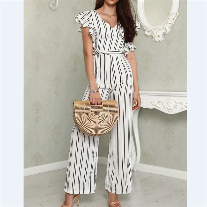 Women Lady V Neck Loose Playsuit Party Ladies Romper Sleeveless Long Jumpsuit High Waisted Vertical Stripe | Женская одежда