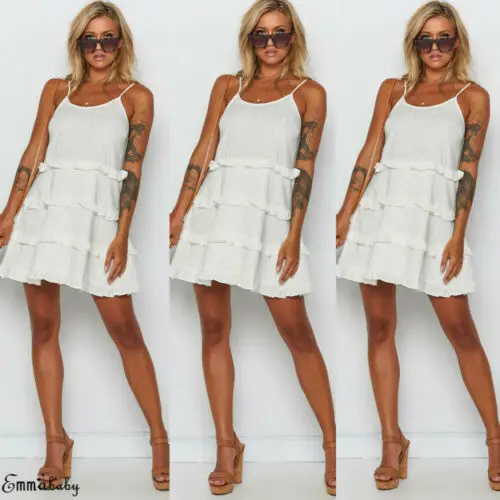 Women Casual Sleeveless Frill Party Beach Dress Strappy Short Mini Ladies Cotton Solid Loose Dresses Female Clothing | Женская одежда