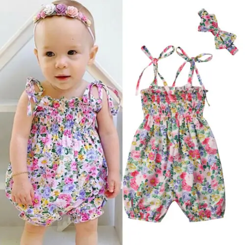 Cute Newborn Floral Romper Lovely Baby Girl Jumpsuit Headwear Outfits Toddler Infant Summer Sunsuit | Детская одежда и обувь