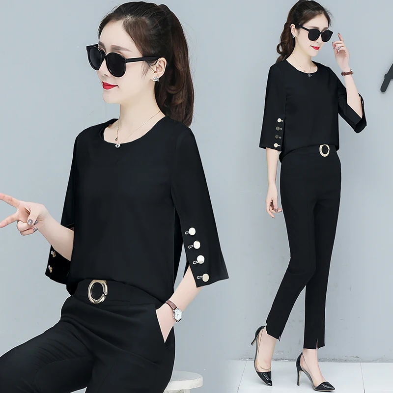 

New Korean Fashion Suits Women Two-Pcs Clothing Set Outfit Chiffon Top Vestidos White Black Slim Design Outfit Vestidos O Neck