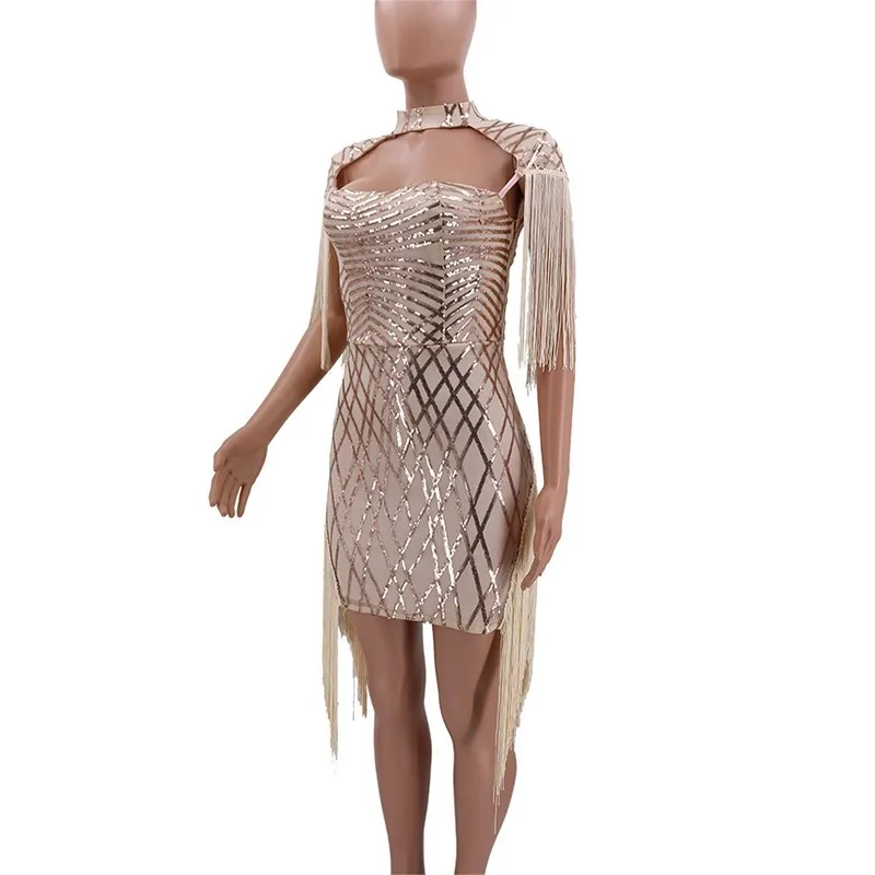 fashion fringe gold sequin dress party crisscross patterns women sexy dresses luxury runway hollow out night club outfits | Женская