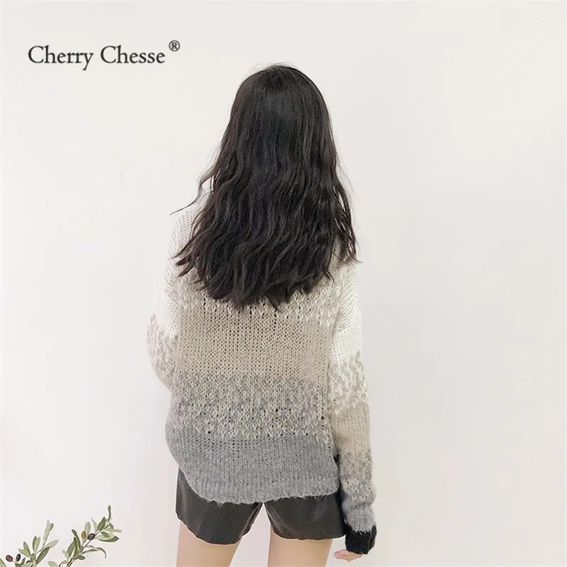 Cherry Chesse Harajuku сладкий Для женщин вязаный свитер контраст с круглым вырезом