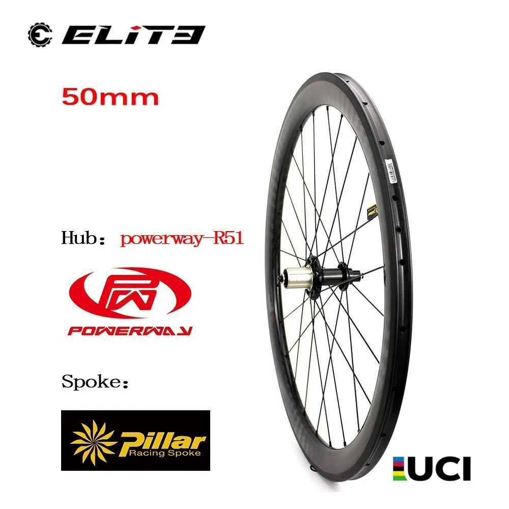 Колеса ELITEWHEELS 50 мм Глубина углеродного волокна Колесная 12k саржевого обода с Powerway