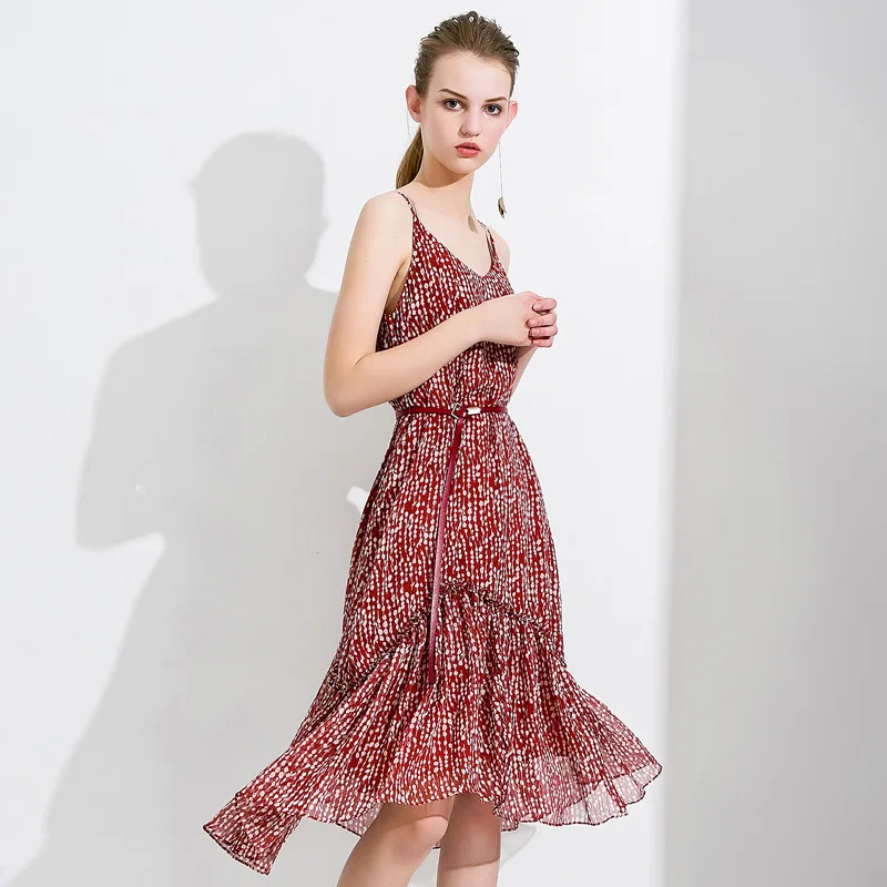 2019 Summer Floral Print Chiffon Women Dress New Style V-neck Spaghetti Strap Knee-length Sleeveless | Женская одежда