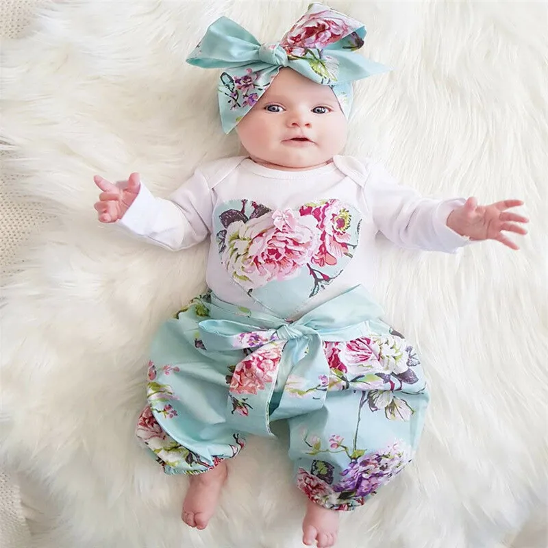 

Cute Newborn Kid Baby Girl Floral Clothes Jumpsuit Long Sleeve Love Romper+Print Pants+Bow Headband Outfit 3Pcs Set