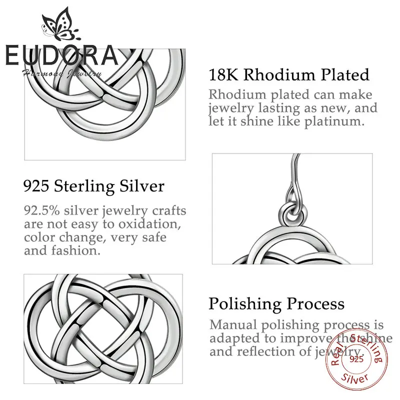 

EUDORA 925 Sterling Silver Good Luck Eternity Knot Drop Earrings round Flower Dangler Earring Women Fashion Sliver Jewelry E036