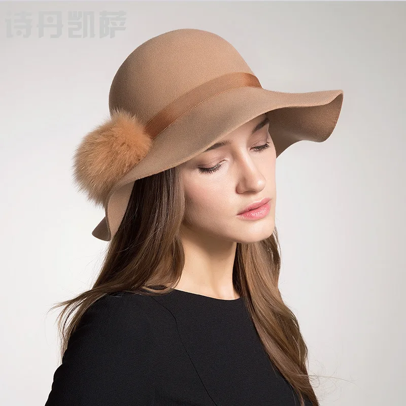 

Wool Winter Hats for Women 2019 Wide Brim Fedora Hat Spring Autumn Pompoms Ball Hat Felt Hats Topper Cap Church Wedding Female