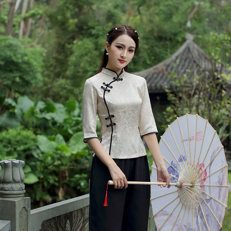 Китайские топы Блузка Тан в старинном китайском стиле рубашки Ципао с рукавом
