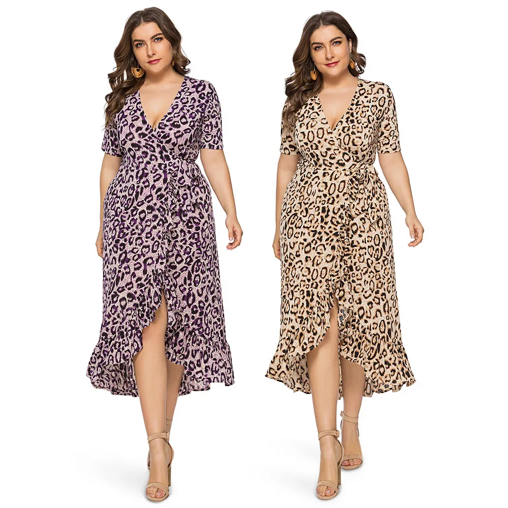 Leopard Dress Женщины Лето Рюшами С Коротким Рукавом V Шеи Плюс Размер Sexy Bodycon Длинное
