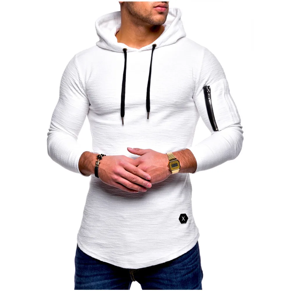 

Spring Fashion Bodybuliding Men Casual Skinny Hooded T Shirt Long Sleeve Solid Color Zipper Hip Hop Tshirt with Pocket Size 3XL