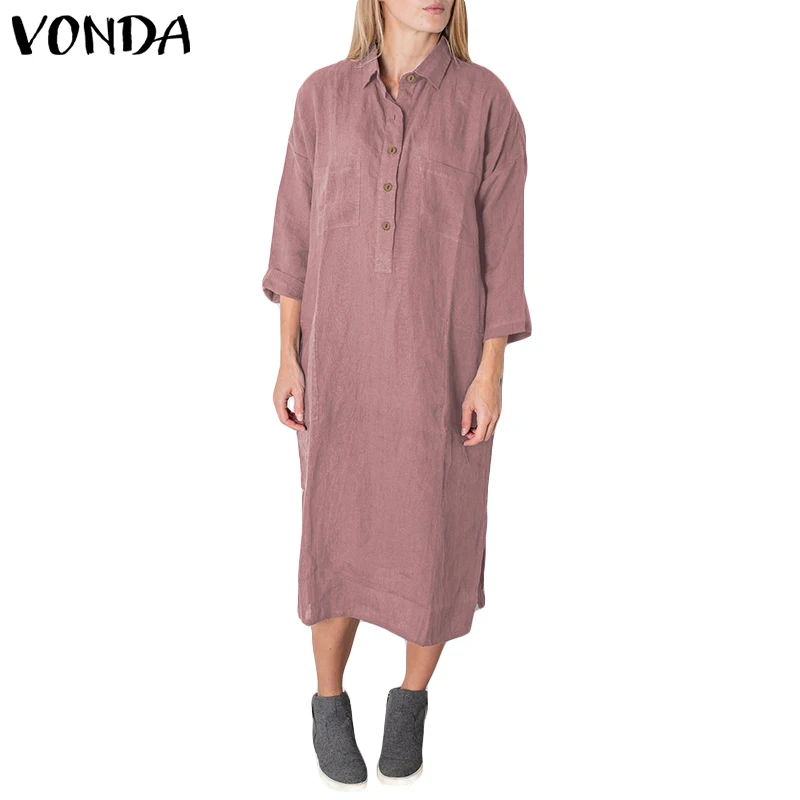 Новинка VONDA женское платье-рубашка осень 2019 модное с отворотом на шее карманами