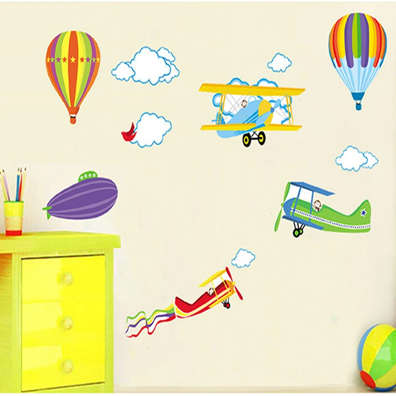 Cartoon Wall Stickers For Kids Baby Rooms Decor Removable Vinyl Nursery Children Decals Airplane And Hot Air Balloons | Дом и сад