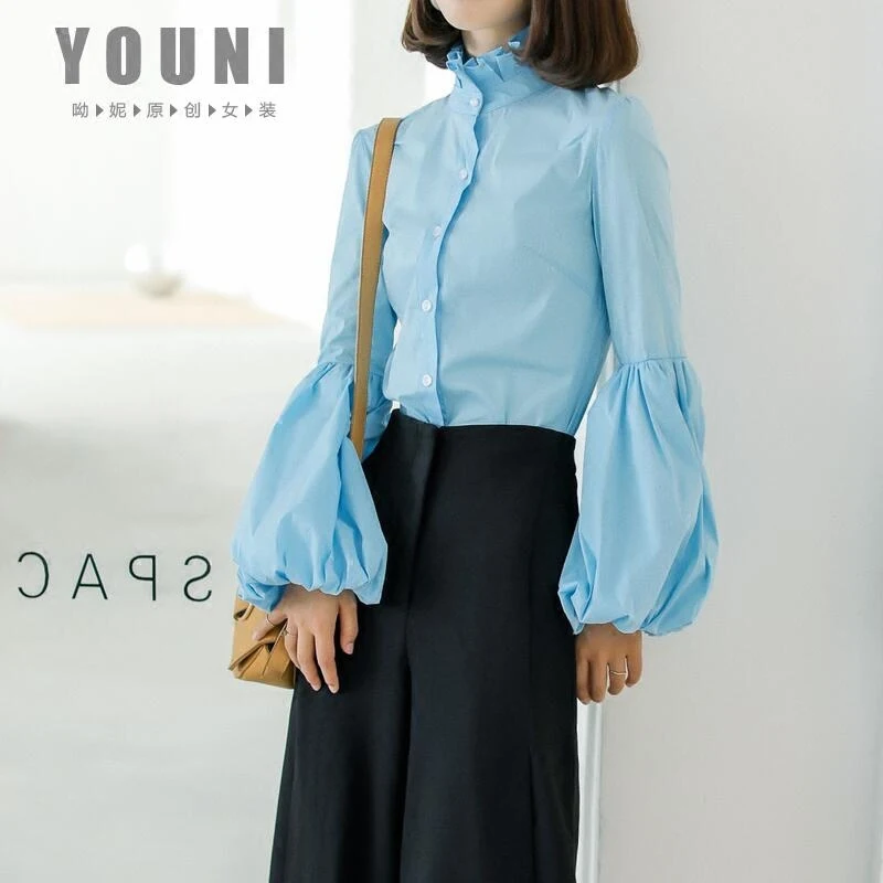 

Женская рубашка без подкладки, рубашка с длинными рукавами-фонариками и воротником-стойкой, модель 2019, 20190418