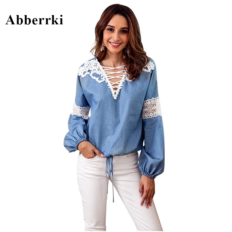 Осень Blusa Feminina джинсовая синяя женская одежда топы и блузки v образный вырез