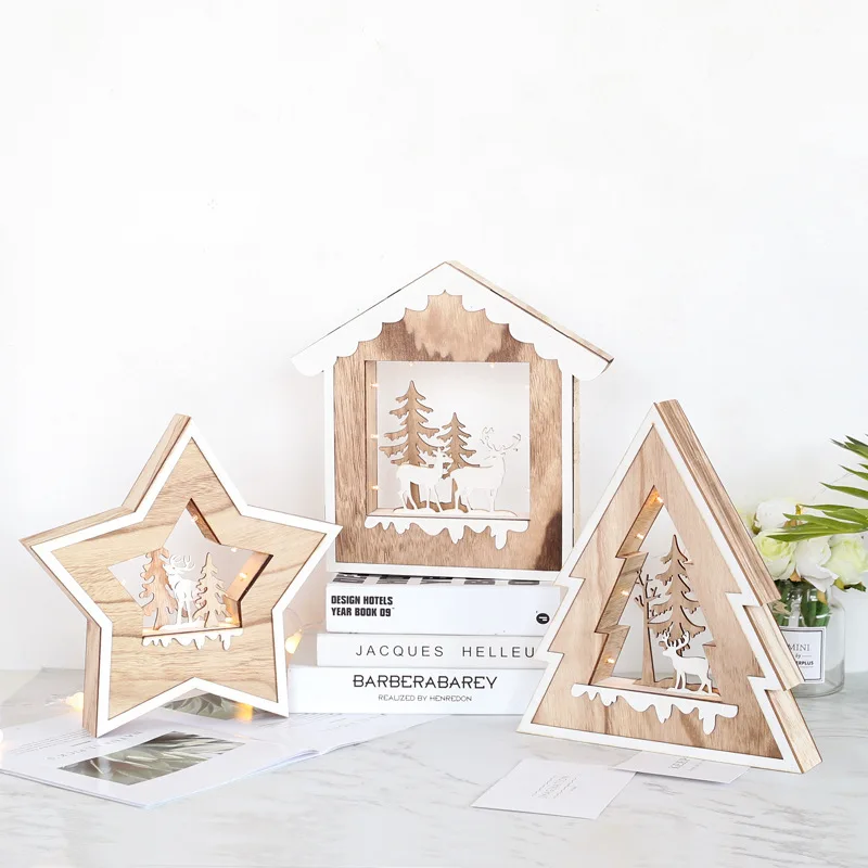 Christmas ELK Wooden Lights Pendant Ornaments Xmas Tree Ornament DIY Wood Crafts Kids Gift for Home Party Decorations | Дом и сад