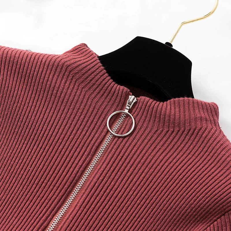 Зимний женский вязаный свитер пуловер на молнии милый эластичный Однотонный с