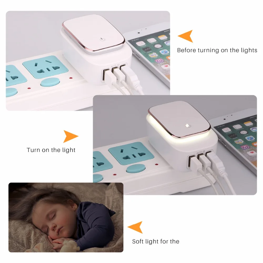 Powstro светодиодный Ночной светильник с 3 портами (стандарт Зарядное устройство 5V