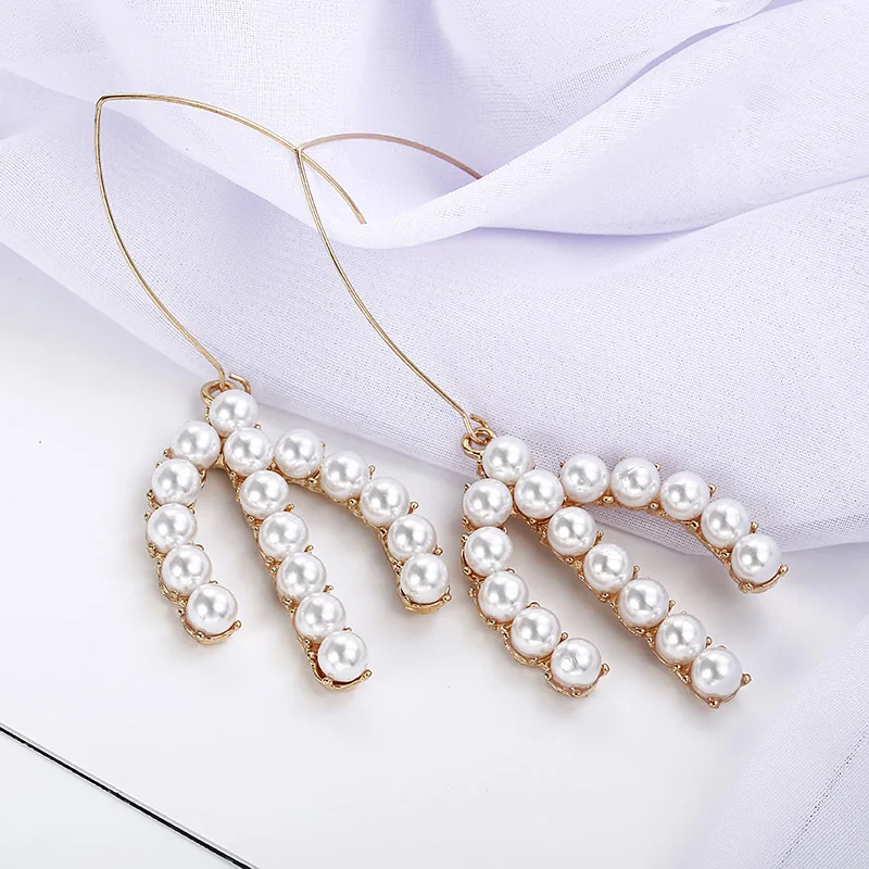 2019 New Fashion Sweet Pearl Earrings Trident Shaped Exaggerated Dangle For Women jn0492 | Украшения и аксессуары
