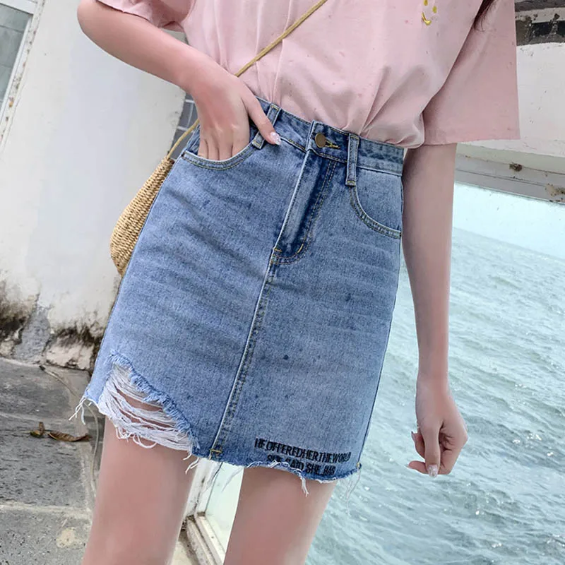 Женская джинсовая юбка с вышивкой Loyalget юбка-трапеция высокой талией и дырками