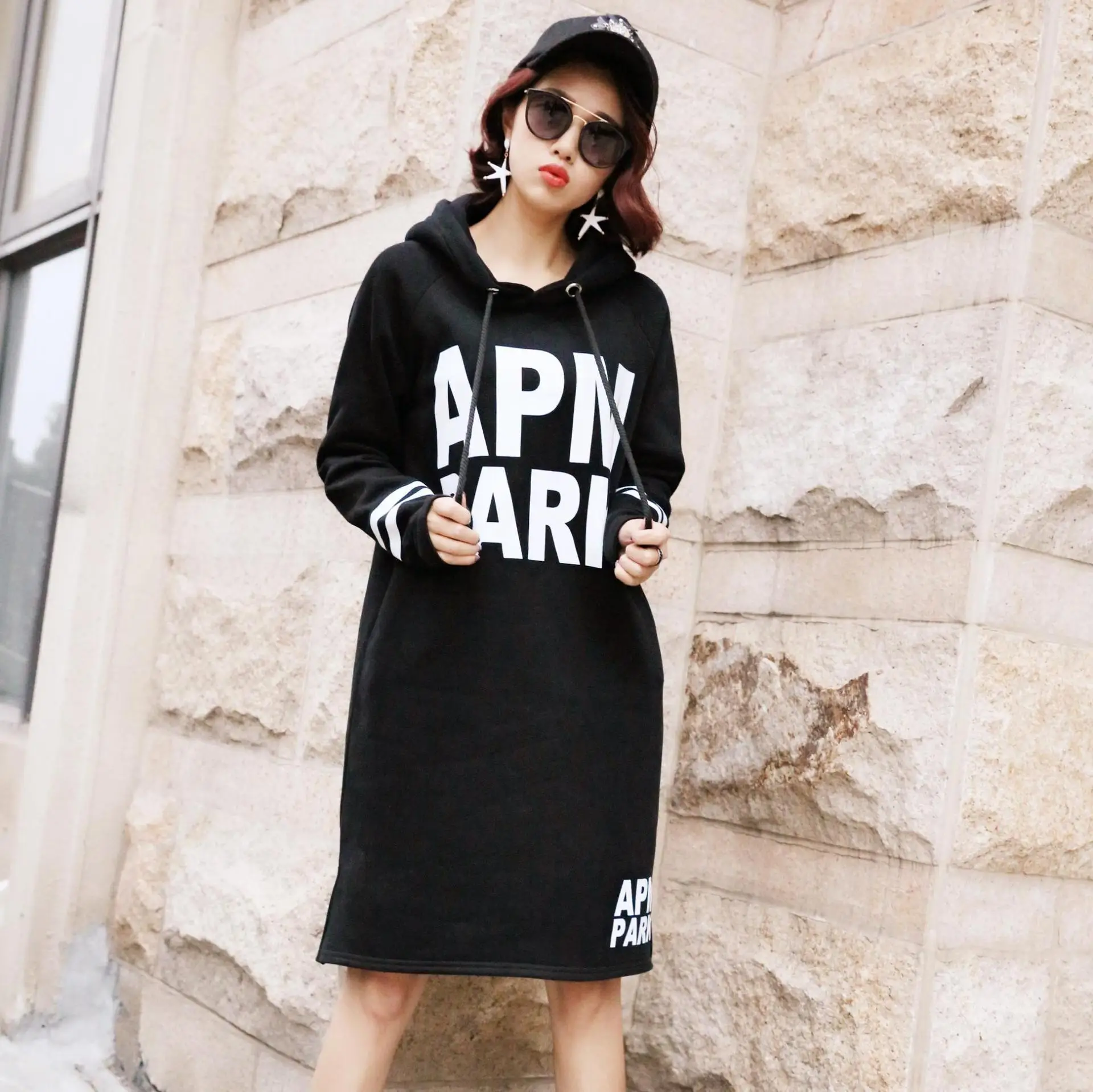 Vefadisa Letter Printing Hooded Sweatshirt Women Stripe Long Sleeve Girls Knee Length Pullover ZLD410 | Женская одежда