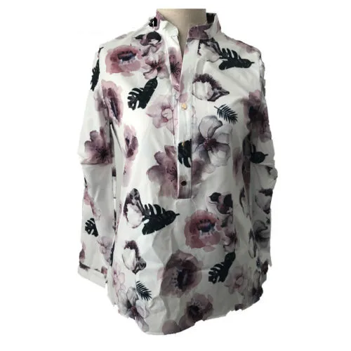 Женская блузка с длинным рукавом V образным вырезом и цветочным принтом|Блузки| |