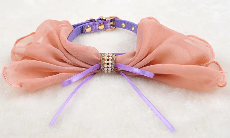 

Soft Chiffon Bow Dog Collar Rhinestone PU Leather Crystal Diamond Puppy Collar Pet Collars Pets Supplies Dog Cat Accessories