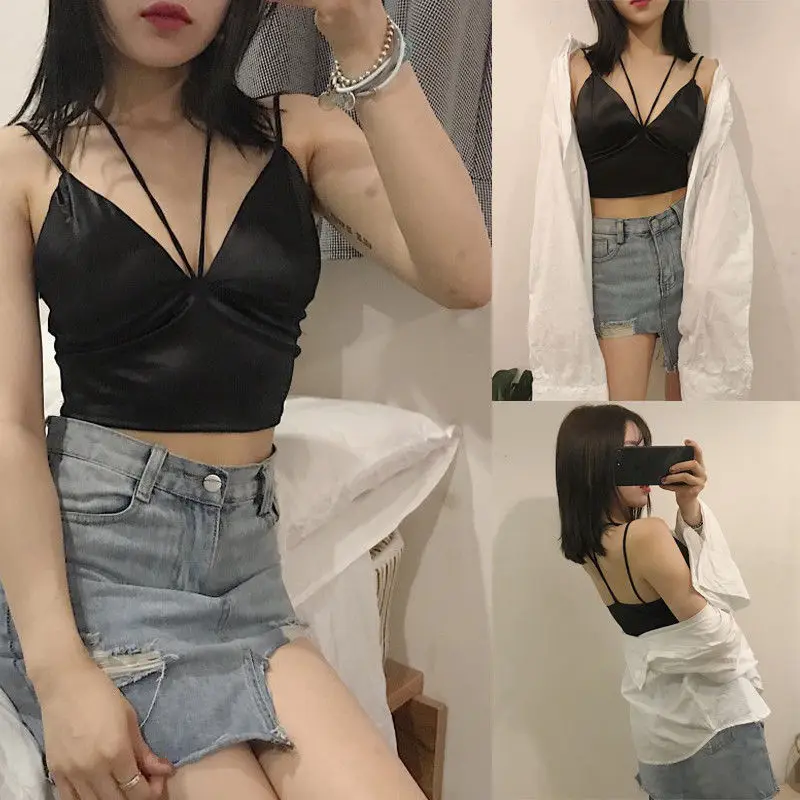 Женский укороченный топ праздничный хлопковый без рукавов с бретельками и V