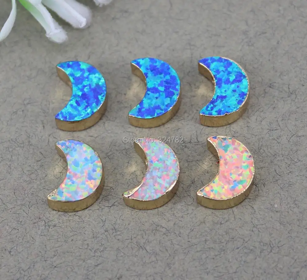 5pcs Gold Metal Blue White Opal Crescent Shape Connectors beads Opals Horn Pendant Moon Bead For Making Jewelry | Украшения и