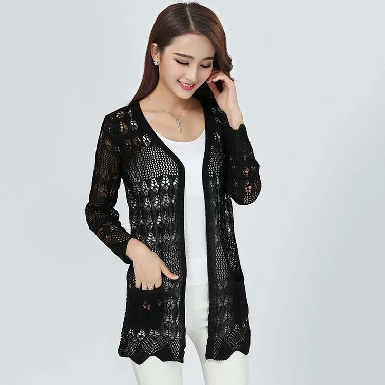 2019 Spring New Women Long Sleeve Knitting Cardigans Sweater Jacket Fashion Floral Hollow Out Candy Colors Pockets Sweaters |