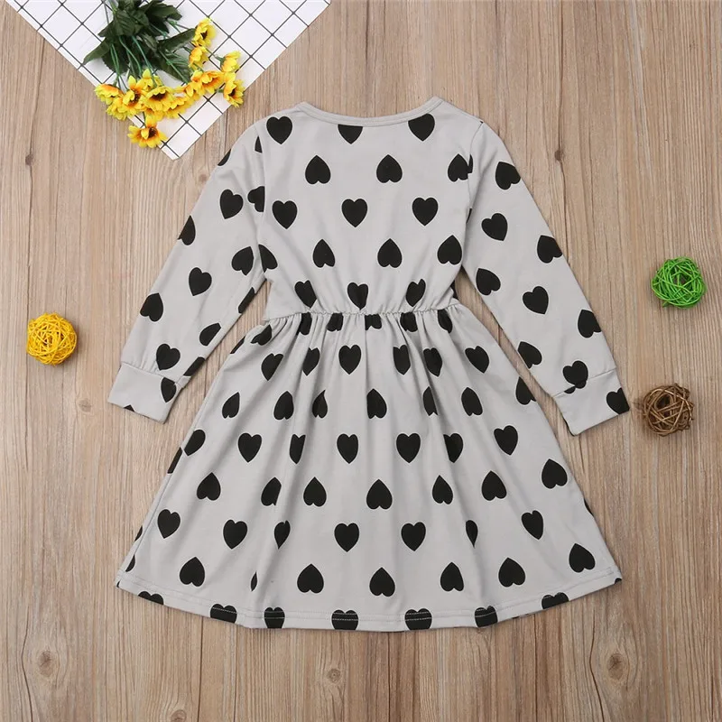 Pretty Kids Girls Heart-Shaped Print Dress Long Sleeve High Waist Bowknot Belt Girl Cotton Pleated Party 1-7Y | Детская одежда и