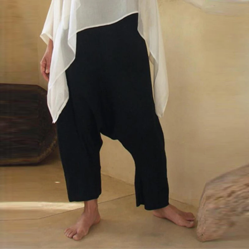 Женские штаны оверсайз с заниженным шаговым швом и высокой талией из хлопка льна