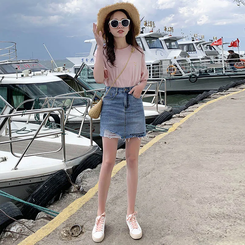 Женская джинсовая юбка с вышивкой Loyalget юбка-трапеция высокой талией и дырками