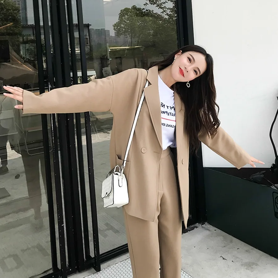 

2019 New Spring Suit For Women Khaki Blazer Long Pant Two Pieces Sets Women Elegant Working Sets Female Korean Sets