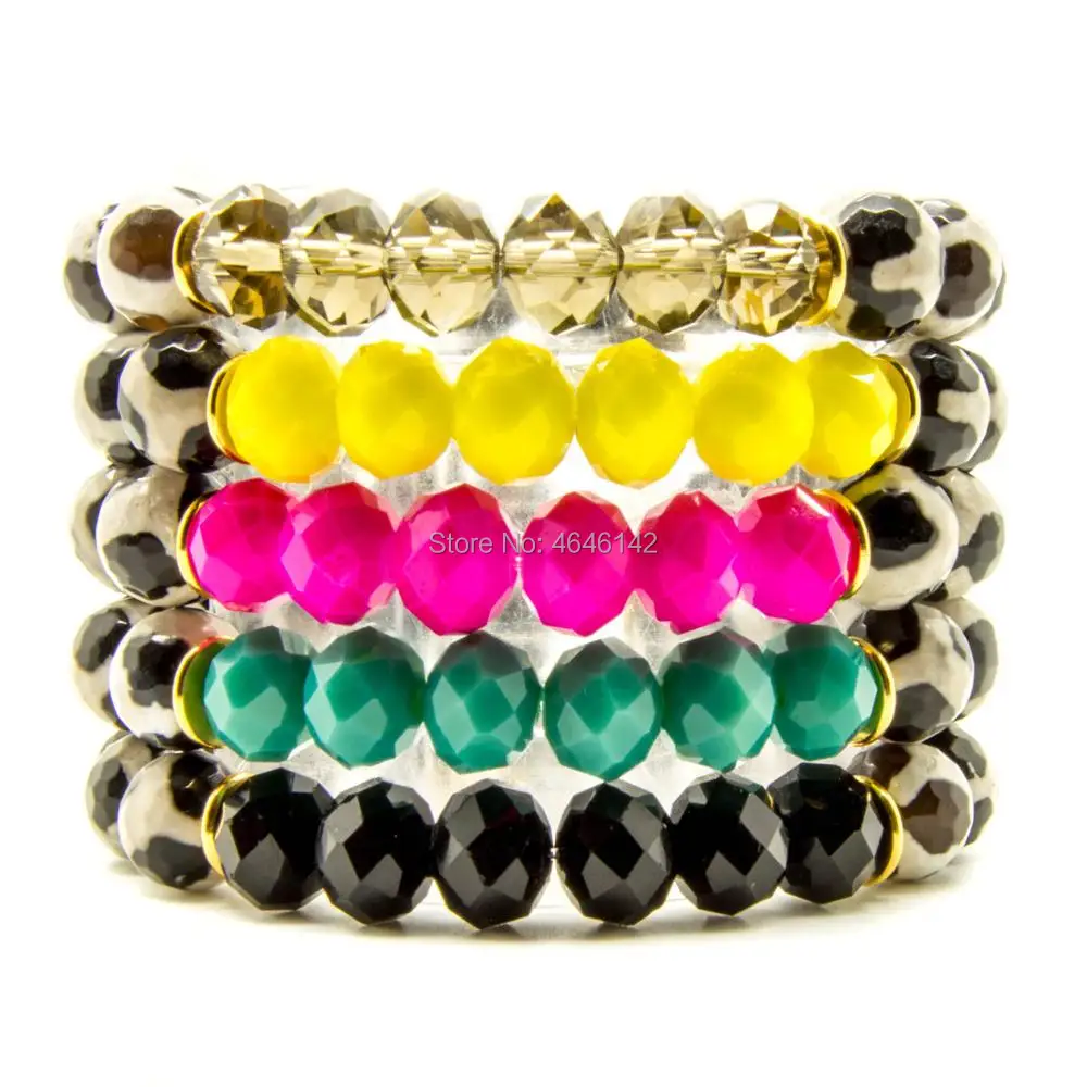 

Smoky Green Yellow black Rose Red Crystal Beads Dzi Agates Boho Stretch Bracelets