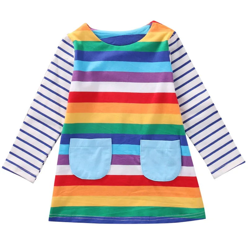 Toddler Baby Kids Girls Dress Stripe Long Sleeve Striped Round Neck Colorful Rainbow Top Party Dresses Girl Clothes | Детская одежда и