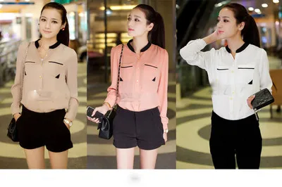 

Women New Mixed-Color Golden Button Stand Collar Slim Chiffon Long Sleeve Shirt Size S-XL