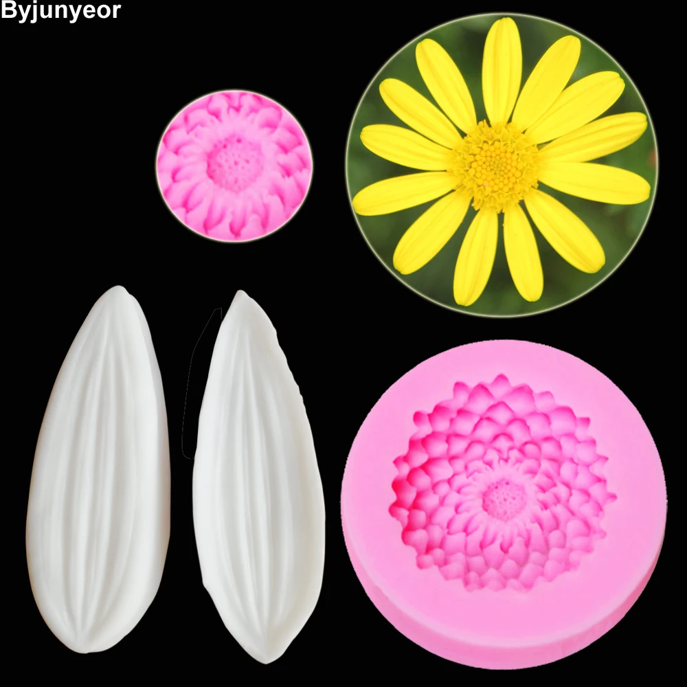 Byjunyeor Small Daisy Flower Veiners Silicone Molds Fondant Sugarcraft Gumpaste Clay Water Paper Cake Decorating Tools