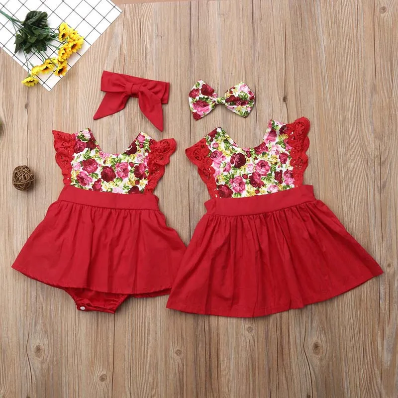 Pudcoco Toddler Kid Baby Girl Dress 2018 New Lace Sleeve Flower Sister Match Romper Dress+Headband Set Outfit Clothes 0-24M 1-6T | Детская