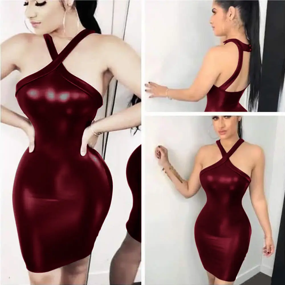 Fashion Brand Newest Sexy Women PU Leather Wet Look Bodycon Party Clubwear Midi Short Dress Solid Spaghetti Strap Hot Dresses | Женская