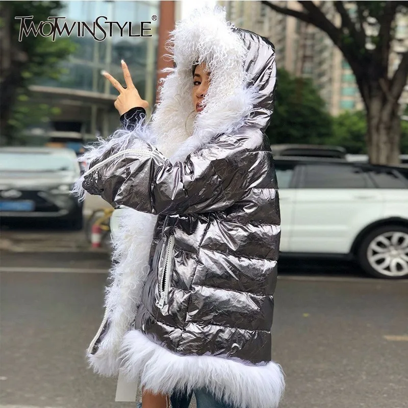 TWOTWINSTYLE женский шерстяной пуховик с длинным рукавом на молнии капюшоном большой