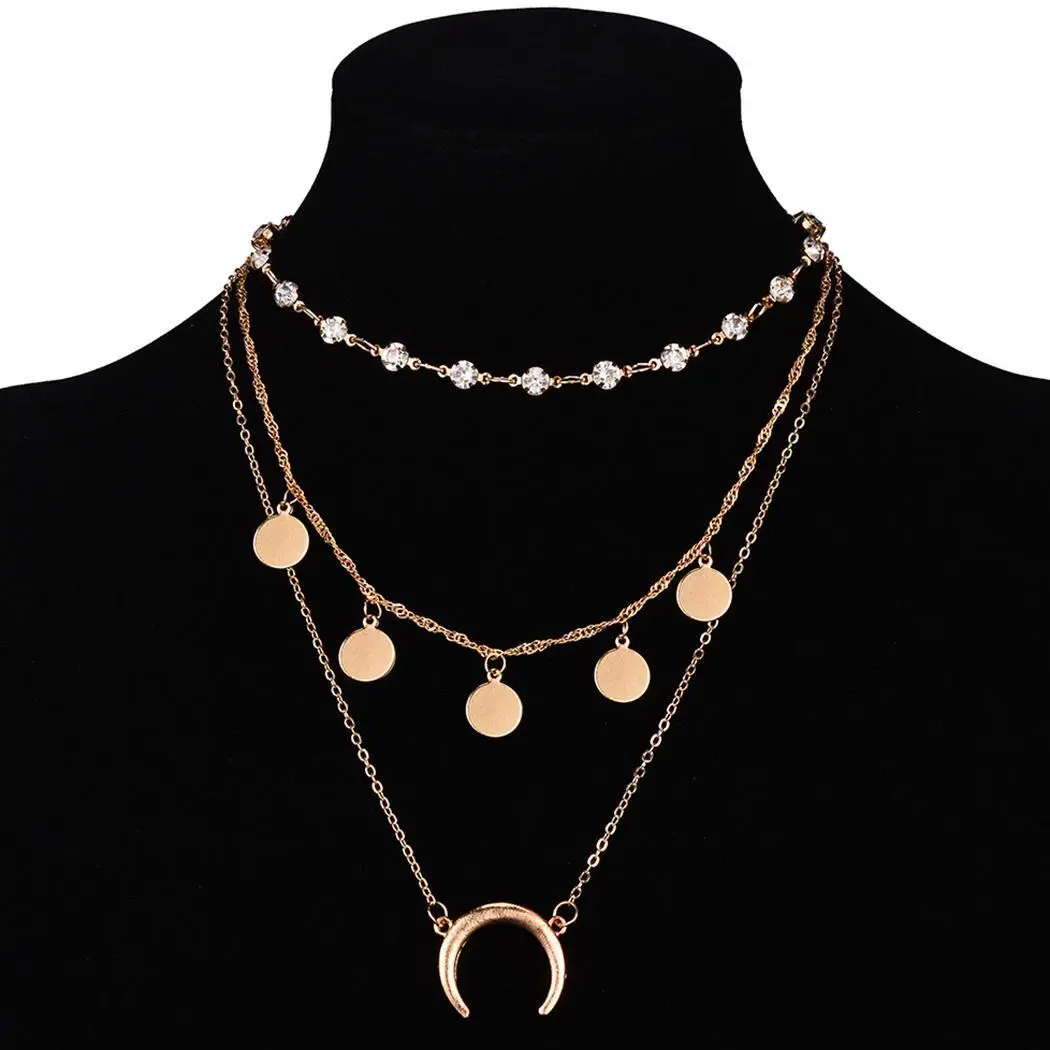Для женщин Jewelry слоистых Луна блесток кулон горный хрусталь цепь колье Цепочки и