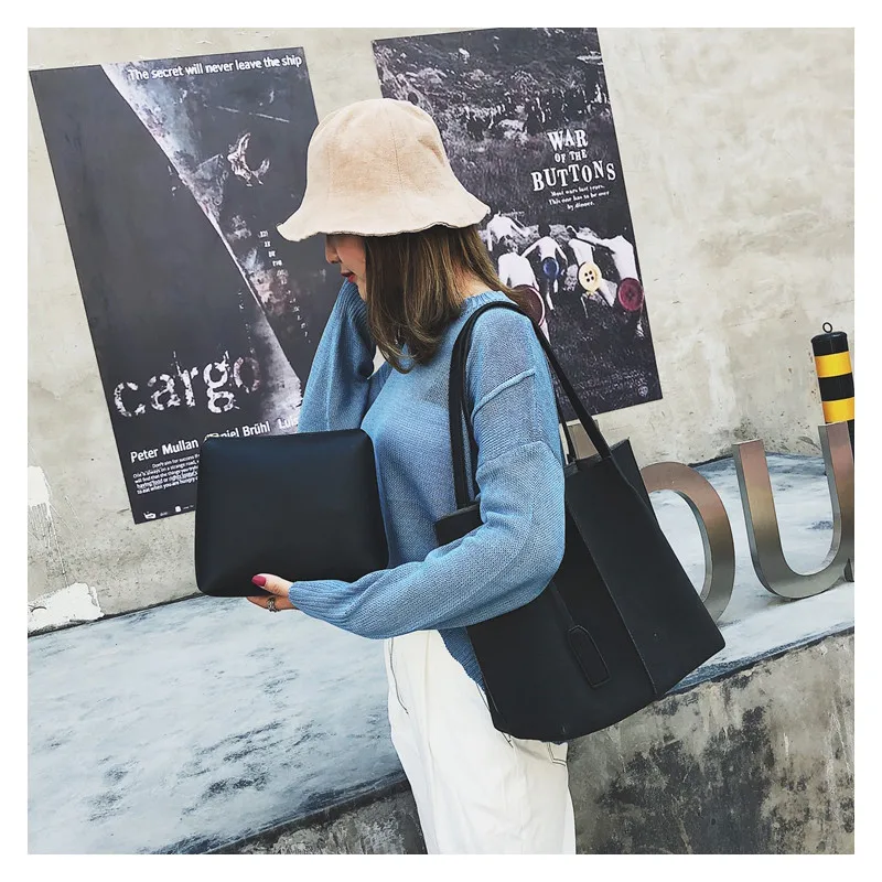 

LUCDO High Quality Women Suede Handbags Soft Leather Women Bag 2PCS Handbags Set Female Shoulder Bags Large Casual Tote Bags