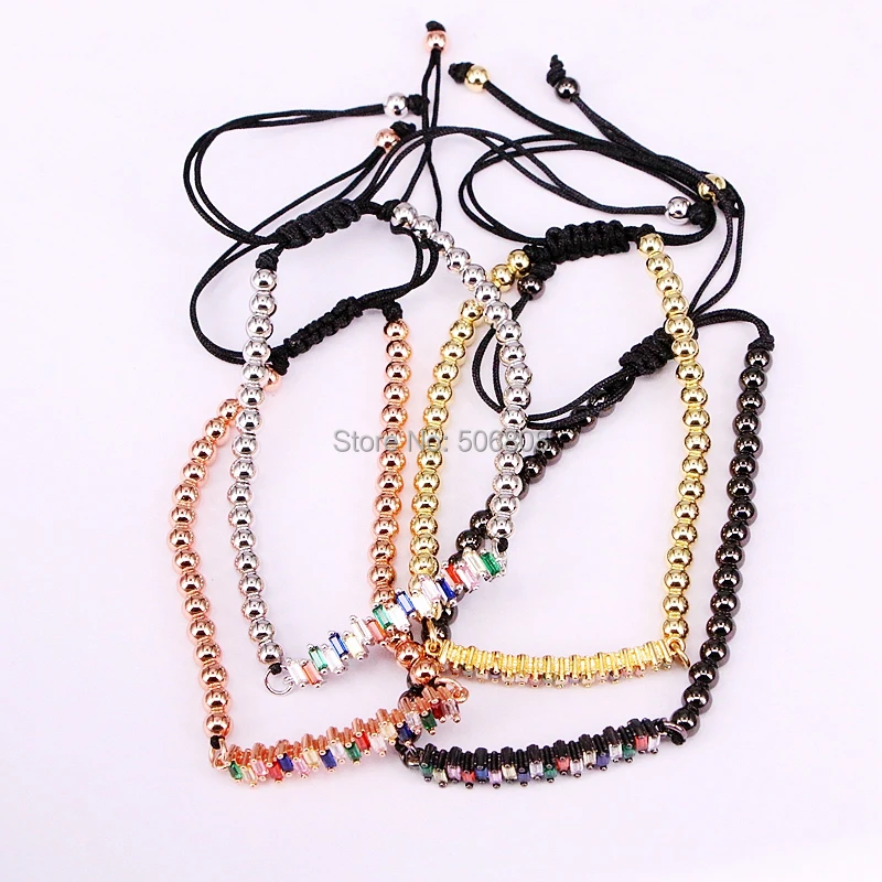 

6PCS ZYZ-B0658 New Diy Design Pave Rainbow CZ Bar Bracelet Men Women Braided Macrame Copper Beads Jewelry Gift