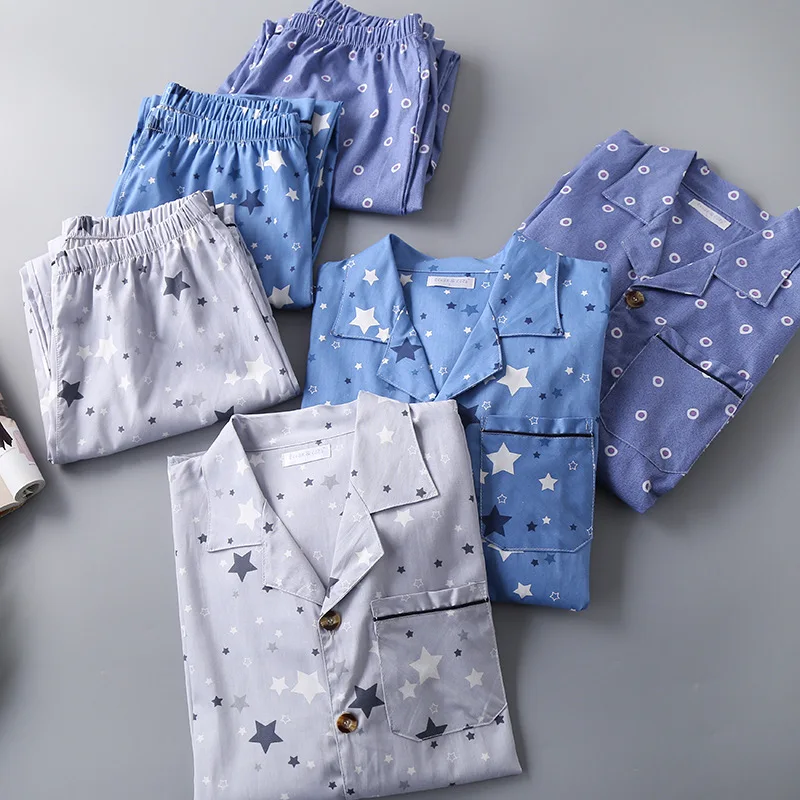 

Men's Woven Cotton Pijamas Big Size Mens Sexy Pajamas Sleepwear Turn-down Collar Pajama Sets Print Mansleepwear Home Pyjama