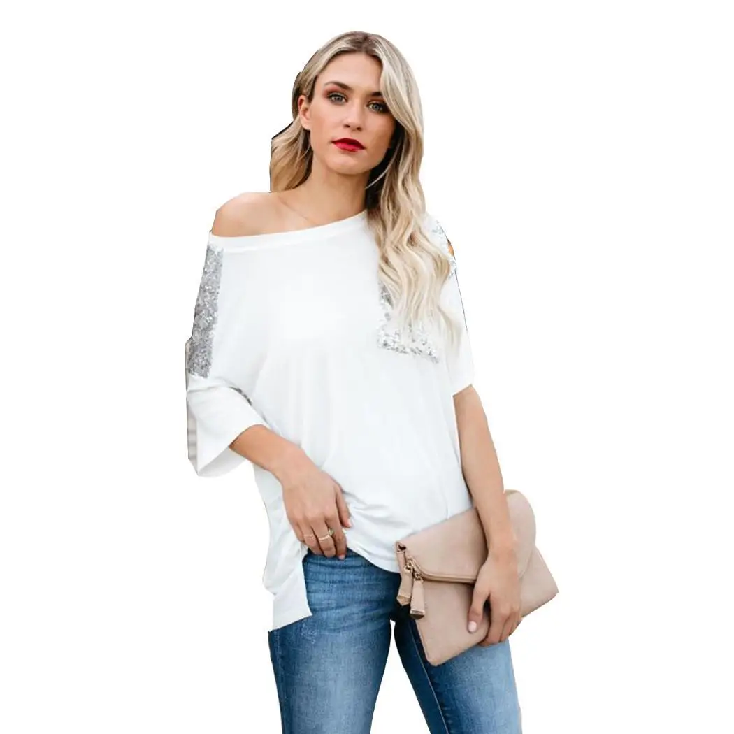 Женская Летняя мода Sequin Patchwork Loose O Neck с коротким рукавом абрикосовая белая