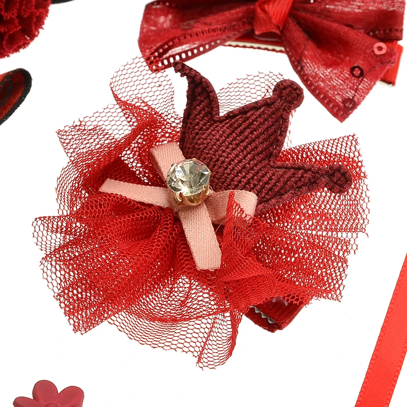 12pcs Baby Hair Accessories Headdress Gift Ribbon Princess Crown Hairpin Bow Rabbit Clip Red |